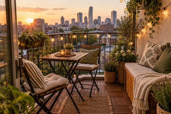 Small balcony with wooden deck tiles, bistro table and string lights