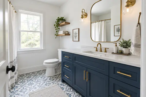 Bathroom with navy painted vanity, brass handles and patterned floor