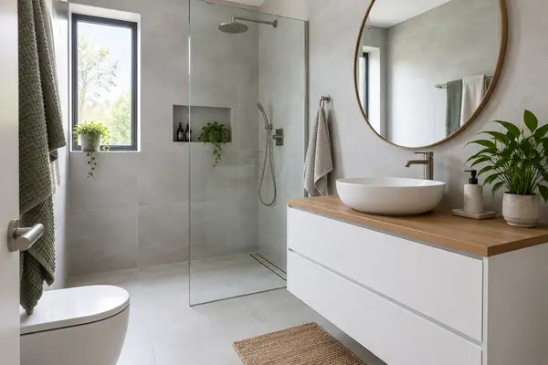 Renovated bathroom with walk-in glass shower and grey tiles
