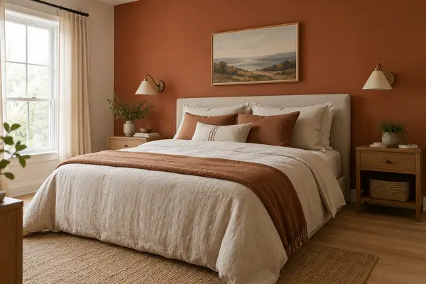 Cozy bedroom with terracotta accent wall and linen bedding