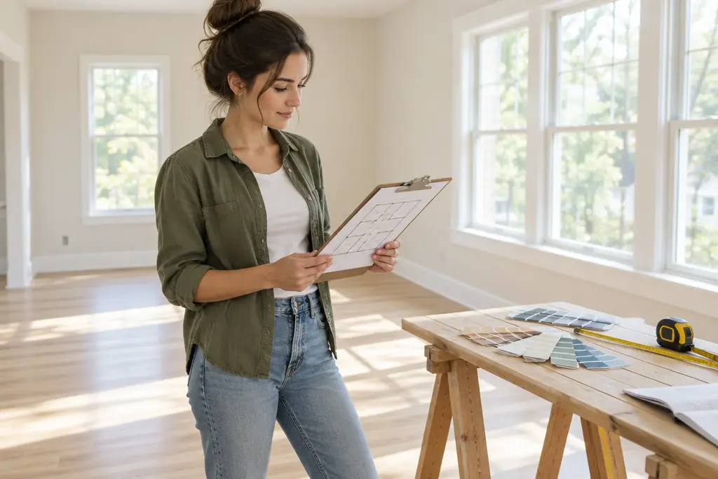 Beginner homeowner reviewing a renovation plan on a clipboard in an empty room