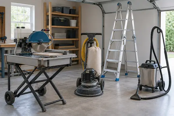 Tile saw, floor sander and ladder in a garage