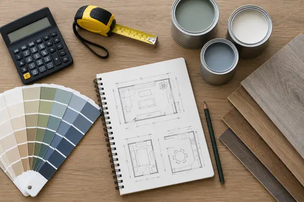 Calculator, tape measure, paint swatches and flooring sample on a desk