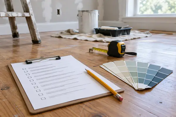 Clipboard with a checklist, pencil and tape measure