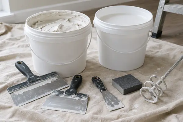 Buckets of joint compound and primer with putty knives