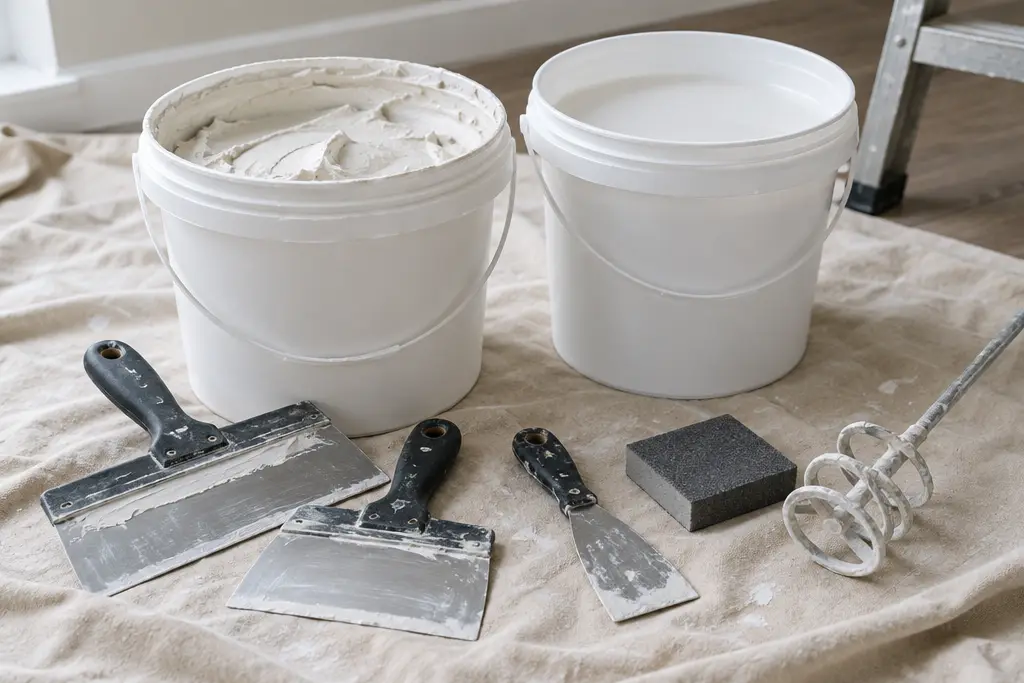 Buckets of joint compound and primer with putty knives