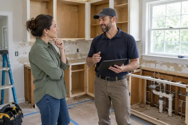 Homeowner discussing kitchen renovation with a contractor