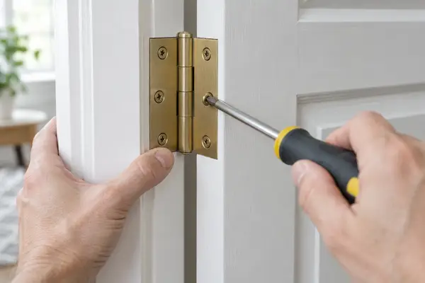 Tightening a door hinge screw with a screwdriver
