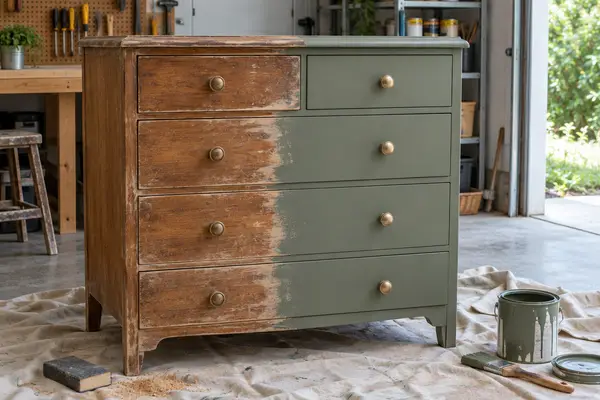 Old wooden dresser half painted in muted green in a workshop