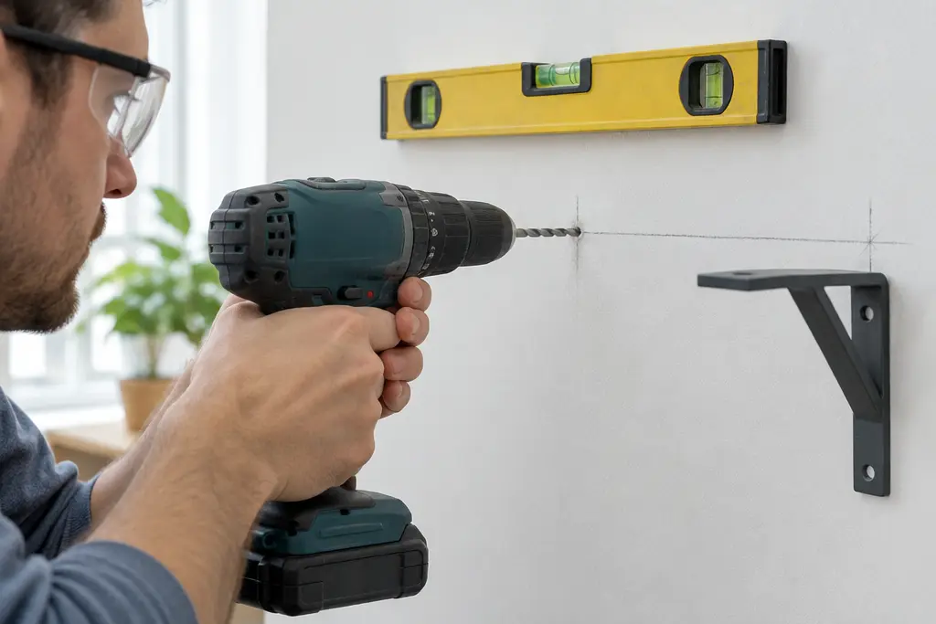 Drilling a hole in a wall with a cordless drill and a level