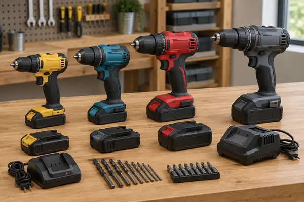 Several cordless drills with batteries on a workbench