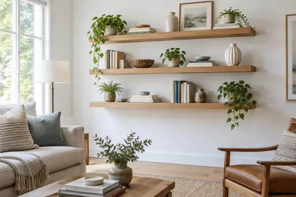 Oak floating shelves on a white wall styled with books and plants