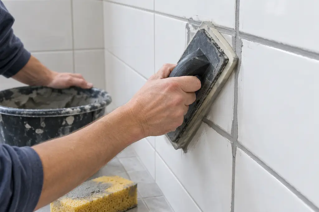 Applying grout to white wall tiles with a rubber float