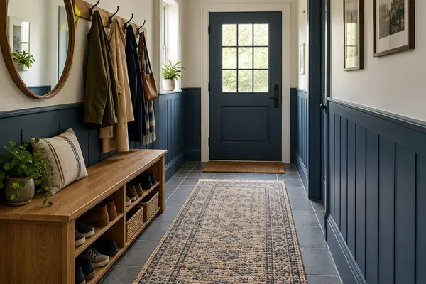 Entryway with bench, hooks, blue wainscoting and runner rug