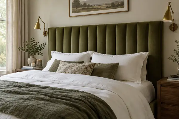 Olive green velvet channel-tufted headboard behind a bed
