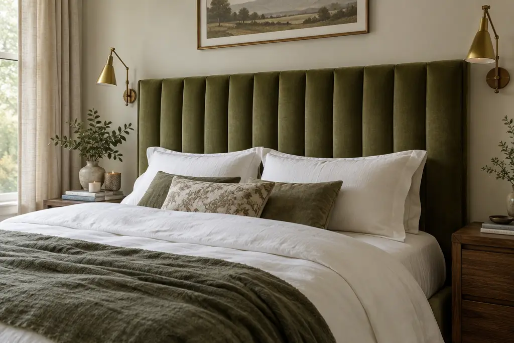 Olive green velvet channel-tufted headboard behind a bed