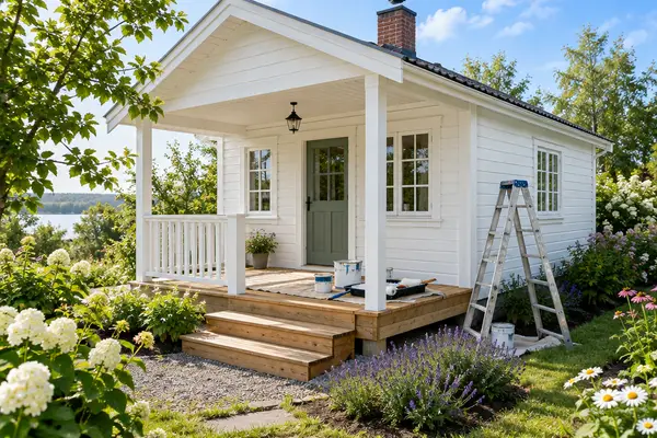 Small white cottage with new porch, ladder and paint cans