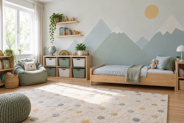 Kids room with pastel mountain mural, low bed and toy shelves