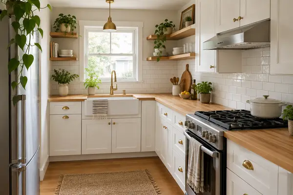 Renovated kitchen with white shaker cabinets and subway tile backsplash
