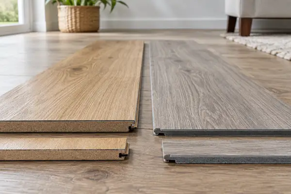 Laminate and vinyl plank flooring samples side by side