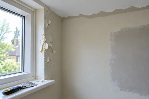 Peeling paint and a visible unprimed patch on a wall