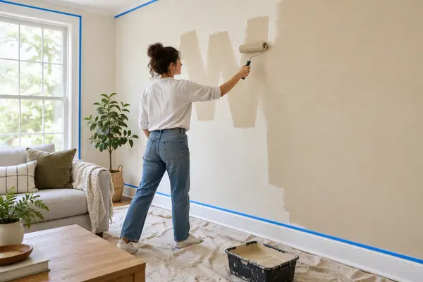 Rolling beige paint onto a living room wall