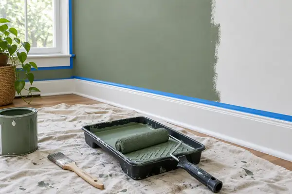 Half-painted sage green wall with painter’s tape and roller