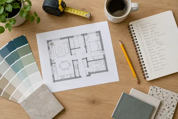 Floor plan sketch, tape measure and paint swatches on a table