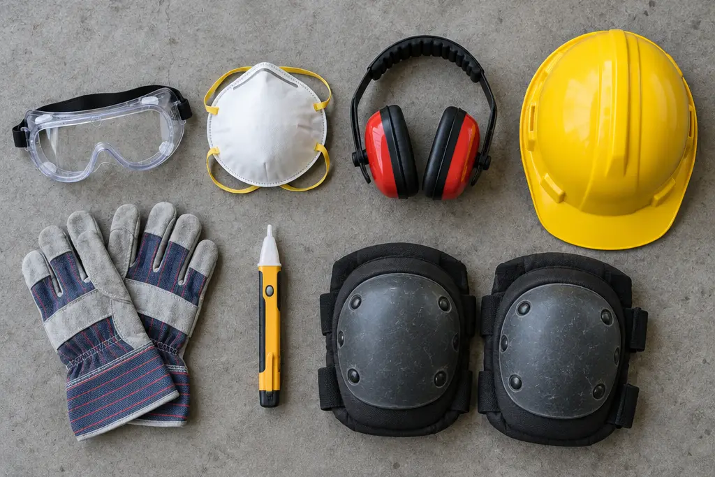 Safety goggles, respirator, ear muffs, gloves and voltage tester