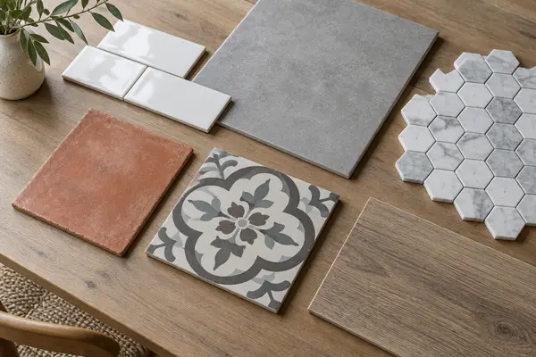 Samples of ceramic, porcelain, marble mosaic and terracotta tiles