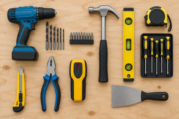 Flat lay of a beginner tool kit with drill, hammer, level and tape measure