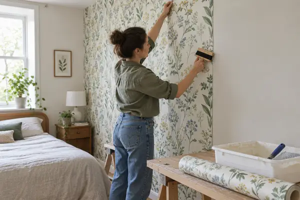 Hanging botanical wallpaper with a smoothing brush